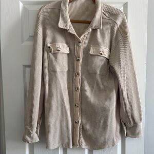 Beige Button-Up Waffle Knit Shirt